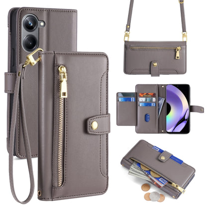 Grey leather cross-body phone wallet case with zipper, card slots, gold clasp
