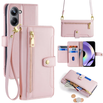 Pink leather cross-body phone wallet case with zipper, card slots, gold clasp