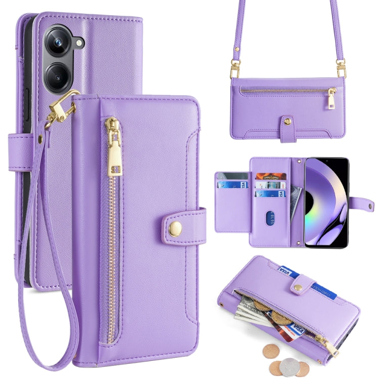 Purple leather cross-body phone wallet case with zipper, card slots, gold clasp