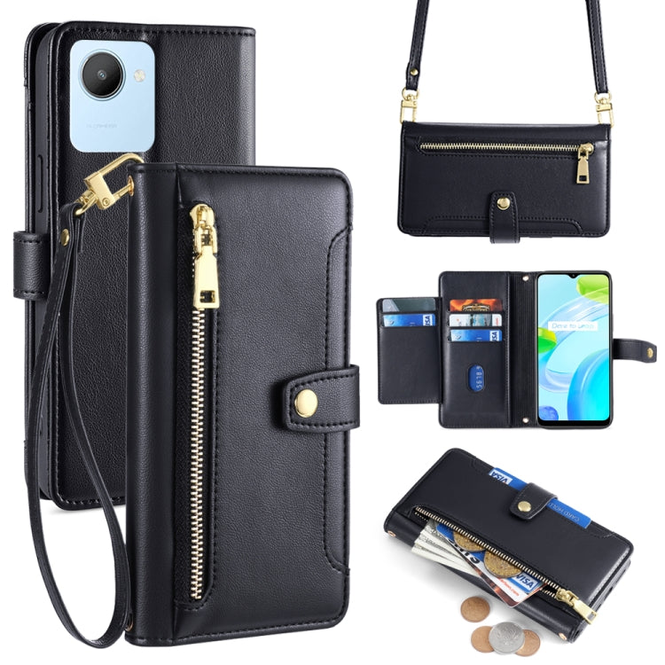Black cross-body phone wallet with zipper, card slots, and wrist strap