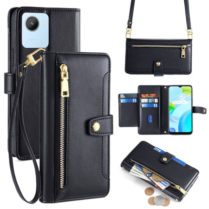 Black cross-body phone wallet with zipper, card slots, and wrist strap