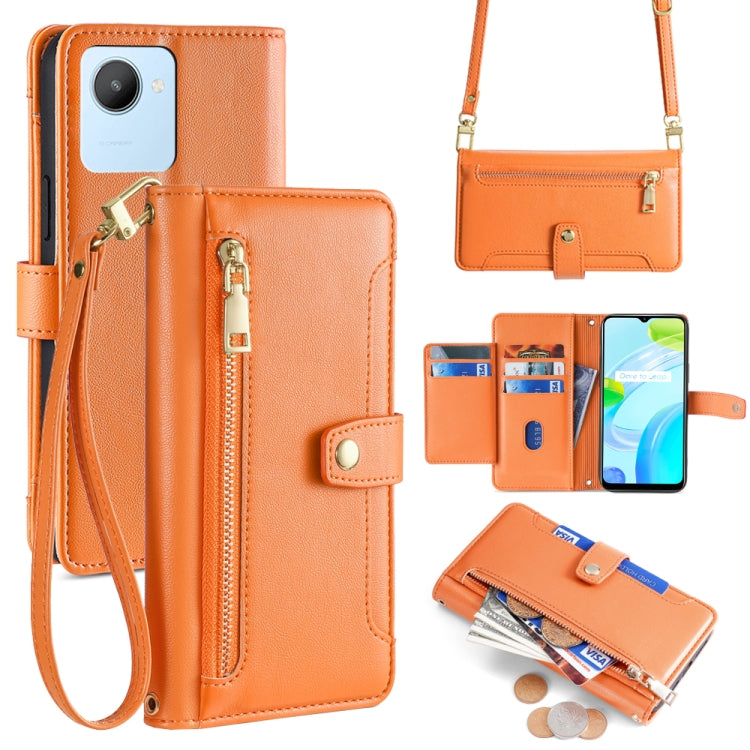 Orange cross-body phone wallet with zipper, card slots, and wrist strap
