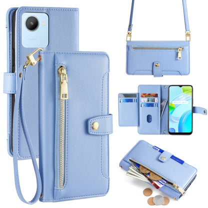 Light blue cross-body phone wallet with zipper, card slots, and wrist strap
