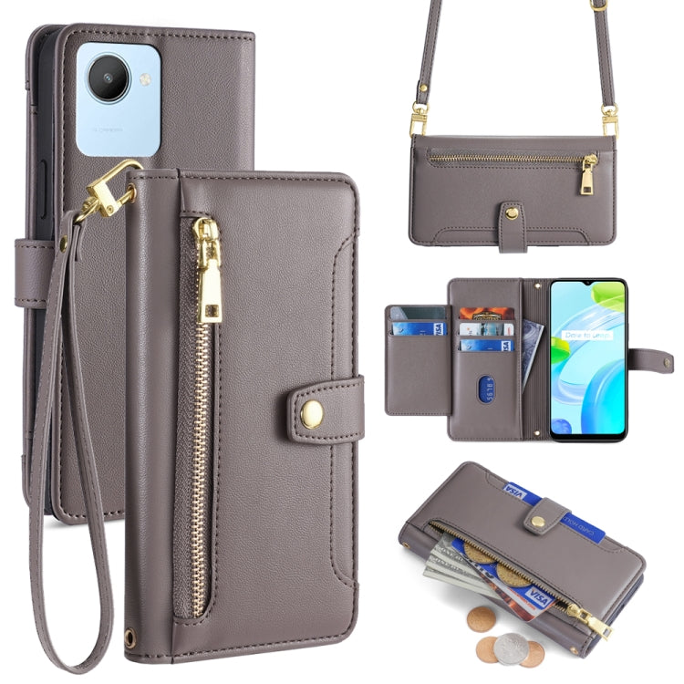 Grey cross-body phone wallet with zipper, card slots, and wrist strap