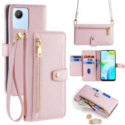 Pink cross-body phone wallet with zipper pocket, card slots, and shoulder strap