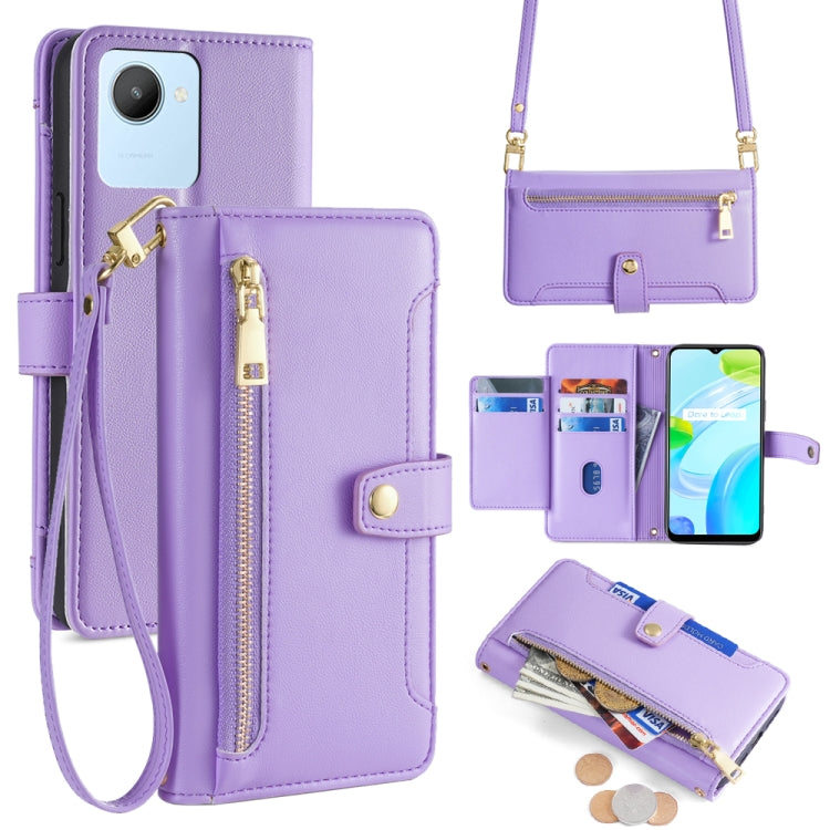 Purple cross-body phone wallet with zipper pocket, card slots, and shoulder strap