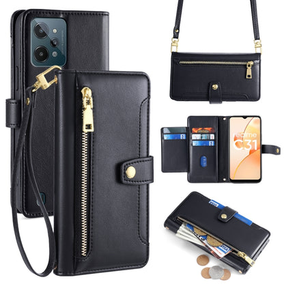 Black cross-body phone wallet with zipper pocket, card slots, and shoulder strap