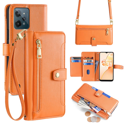 Orange cross-body phone wallet with zipper pocket, card slots, and shoulder strap
