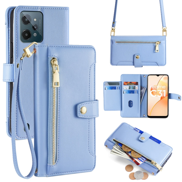 Light blue cross-body zipper wallet leather phone case with card slots and wrist strap