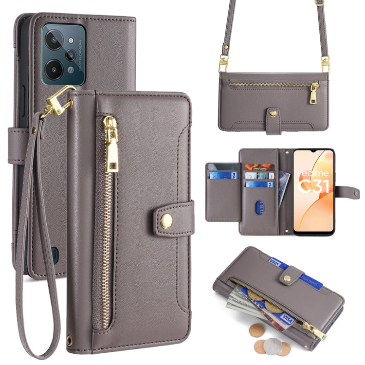 Grey cross-body zipper wallet leather phone case with card slots and wrist strap
