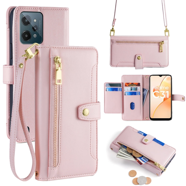 Pink cross-body zipper wallet leather phone case with card slots and wrist strap