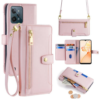 Pink cross-body zipper wallet leather phone case with card slots and wrist strap