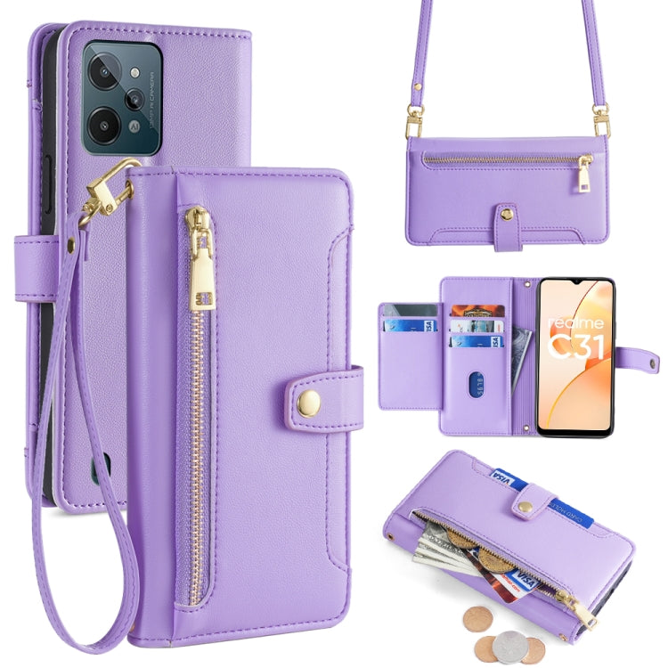 Purple cross-body zipper wallet leather phone case with card slots and wrist strap