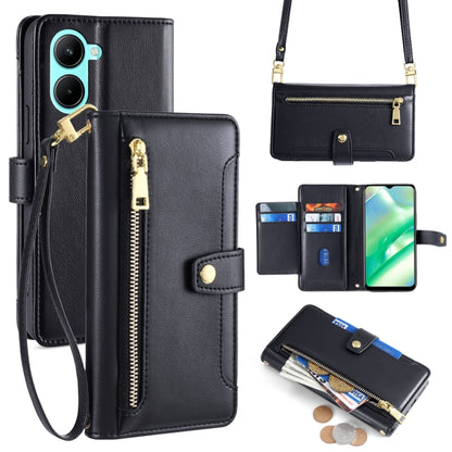 Black leather cross-body zipper wallet phone case with card slots and wrist strap