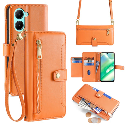Orange leather cross-body zipper wallet phone case with card slots and wrist strap
