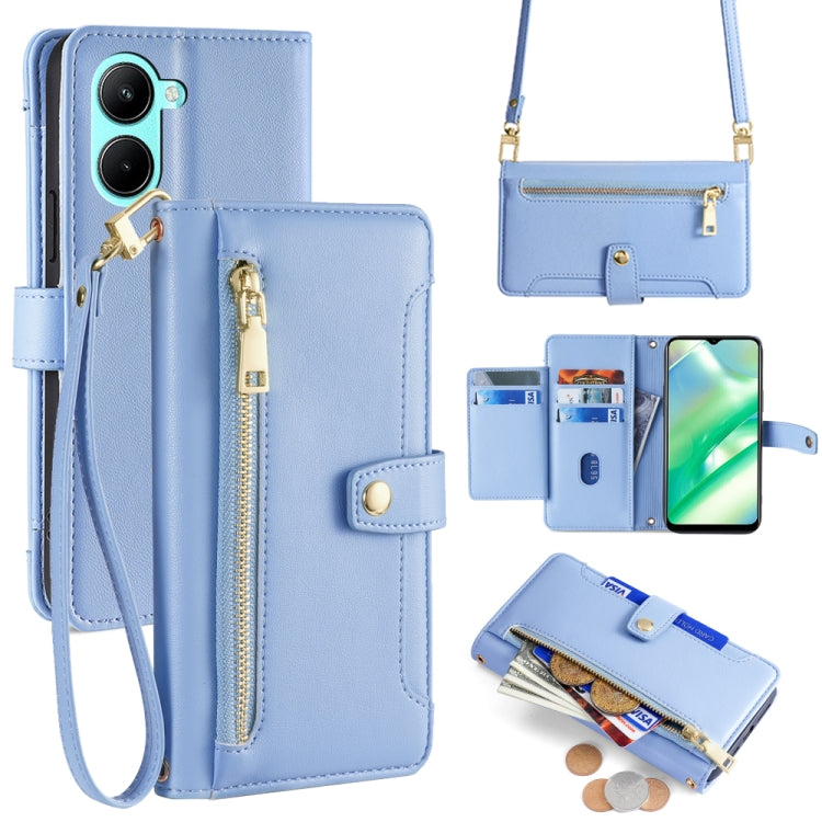 Blue leather cross-body zipper wallet phone case with card slots and wrist strap