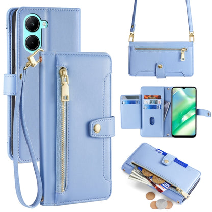 Blue leather cross-body zipper wallet phone case with card slots and wrist strap