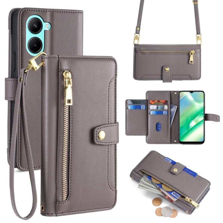 Grey leather cross-body zipper wallet phone case with card slots and wrist strap