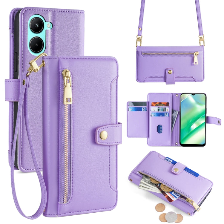 Purple cross-body phone wallet with zipper, card slots, and wrist strap