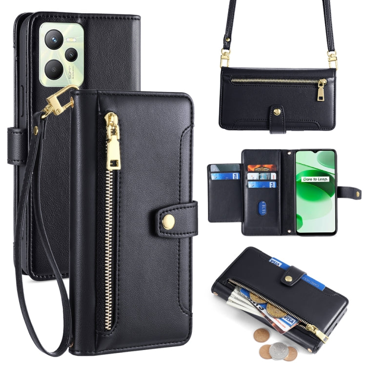 Black leather cross-body phone wallet with zipper pocket and card holder windows