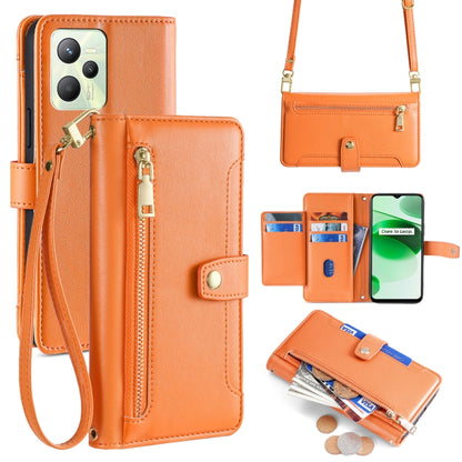 Orange leather cross-body phone wallet with zipper pocket and card holder windows