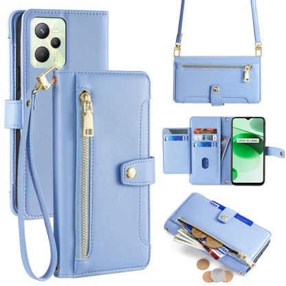 Light blue leather cross-body phone wallet with zipper pocket and card holder windows