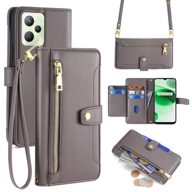 Gray leather cross-body phone wallet with zipper pocket and card holder windows