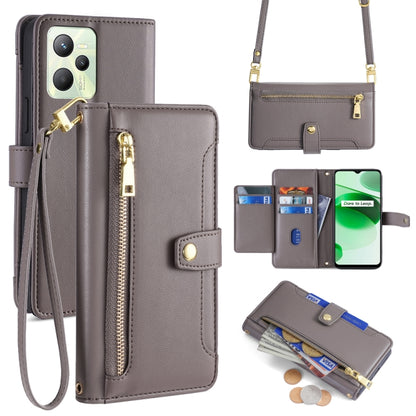 Gray leather cross-body phone wallet with zipper pocket and card holder windows