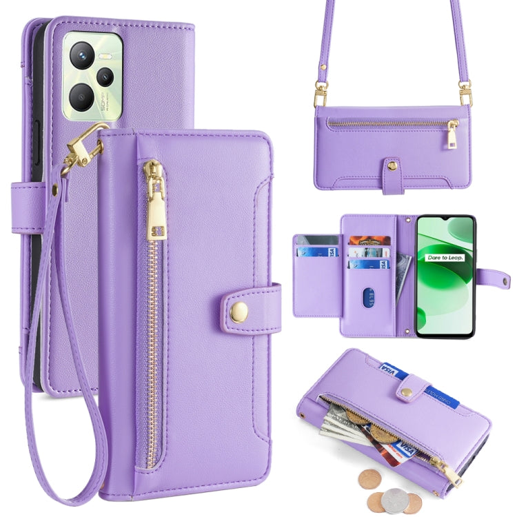 Purple leather cross-body phone wallet with zip, card slots, and magnetic front flap