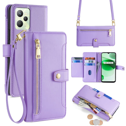 Purple leather cross-body phone wallet with zip, card slots, and magnetic front flap