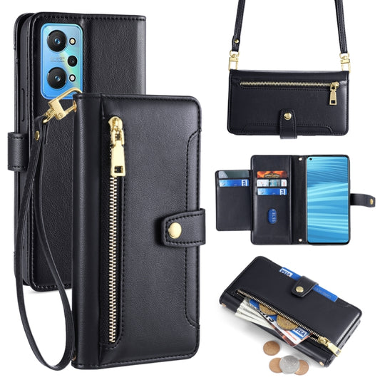 Black leather cross-body zipper wallet phone case with card slots and wrist strap