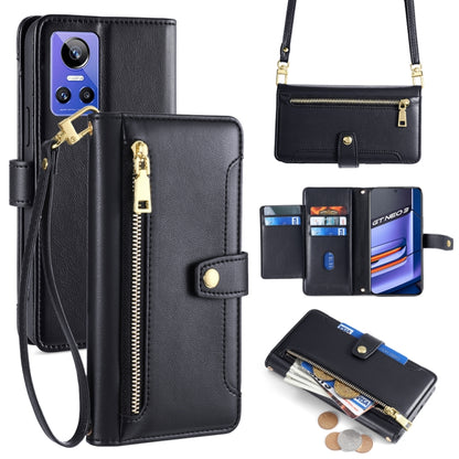 Black cross-body zipper wallet leather phone case with card slots and wrist strap