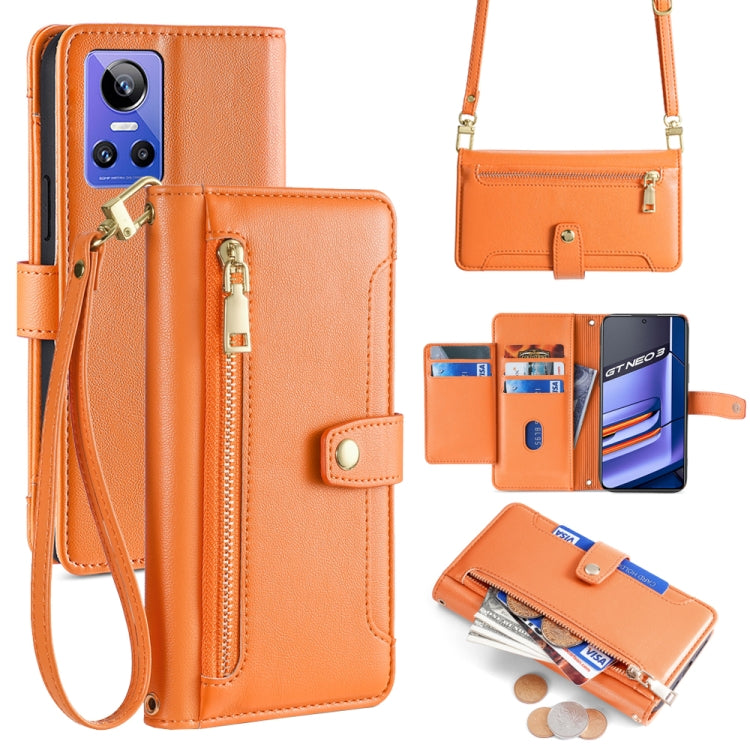 Orange cross-body zipper wallet leather phone case with card slots and wrist strap