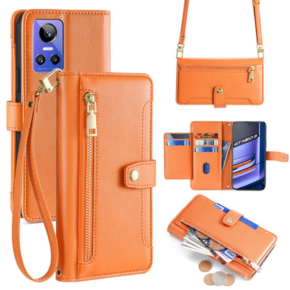 Orange cross-body zipper wallet leather phone case with card slots and wrist strap