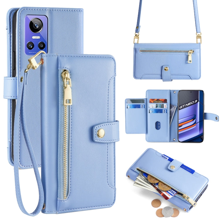 Light blue cross-body zipper wallet leather phone case with zipper compartment and strap