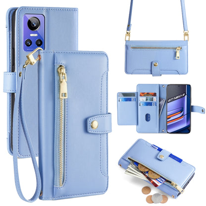 Light blue cross-body zipper wallet leather phone case with zipper compartment and strap
