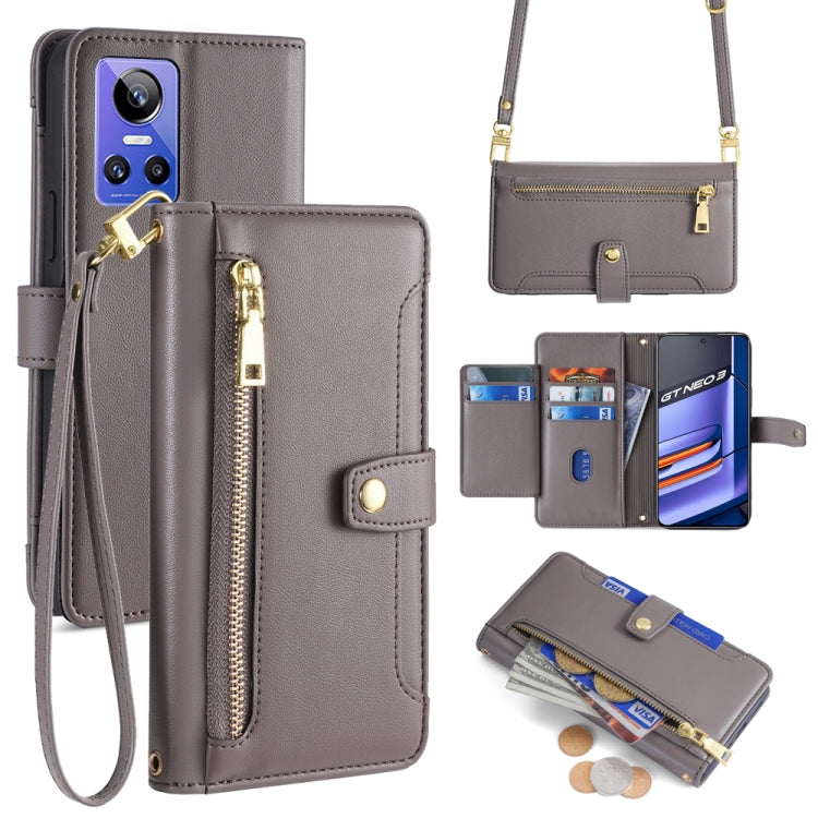 Grey cross-body zipper wallet leather phone case with zipper pocket and card holder