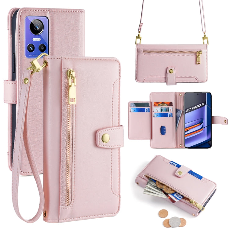 Pink cross-body zipper wallet leather phone case with zipper pocket and card holder