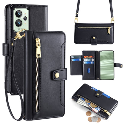 Black leather phone wallet cross-body with zip pocket, card slots, and shoulder strap