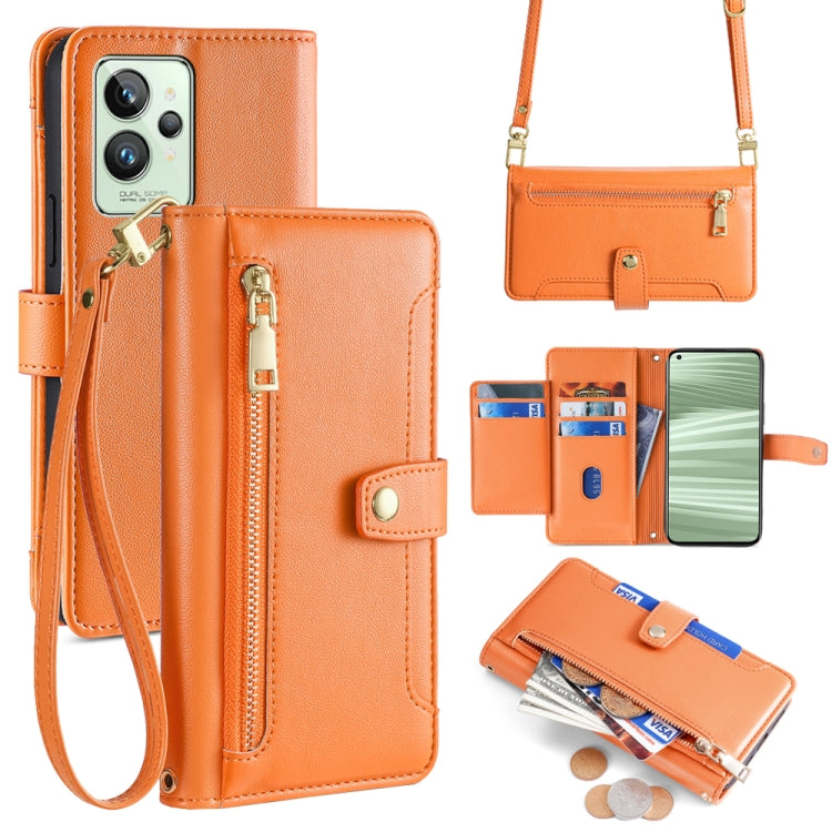 Orange leather phone wallet cross-body with zip pocket, card slots, and shoulder strap