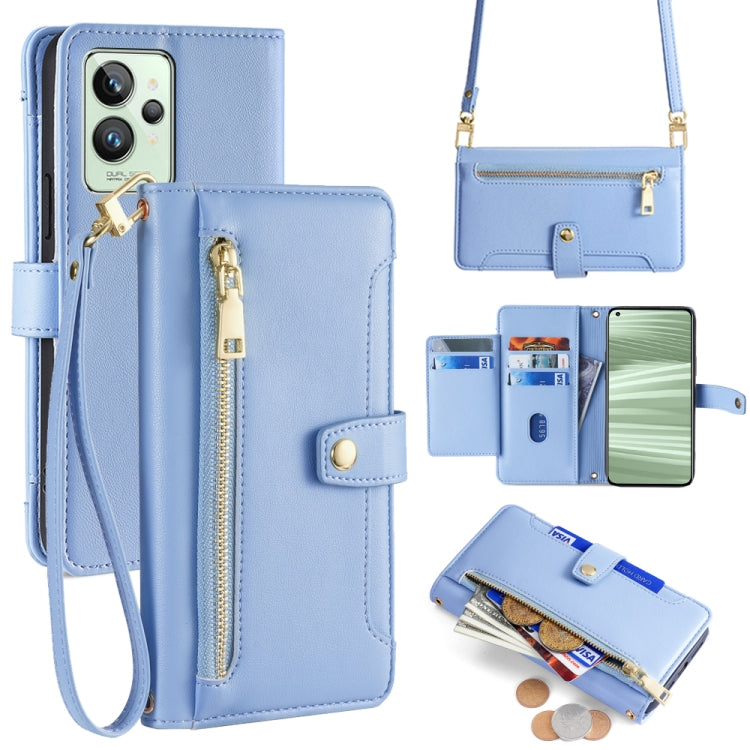 Light blue cross-body wallet phone case with zip pocket and wrist strap