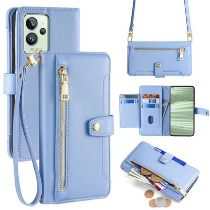 Light blue cross-body wallet phone case with zip pocket and wrist strap