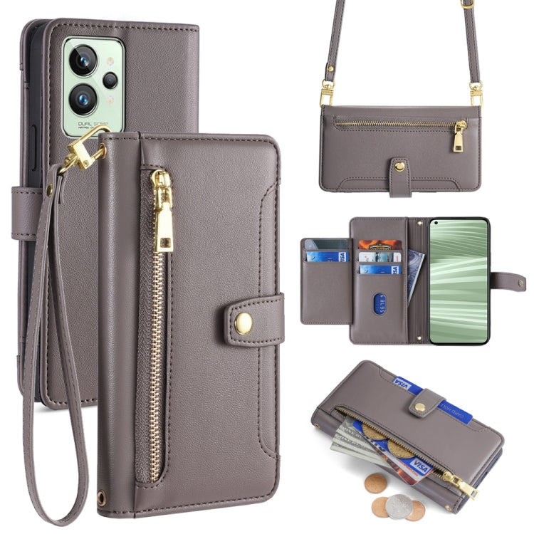 Grey cross-body wallet phone case with zip pocket and wrist strap