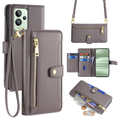 Grey cross-body wallet phone case with zip pocket and wrist strap