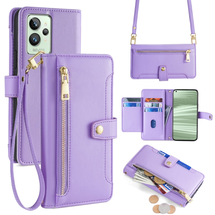 Purple cross-body wallet phone case with zip pocket and wrist strap