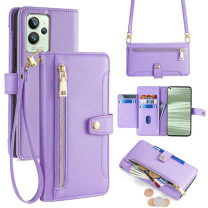 Purple cross-body wallet phone case with zip pocket and wrist strap