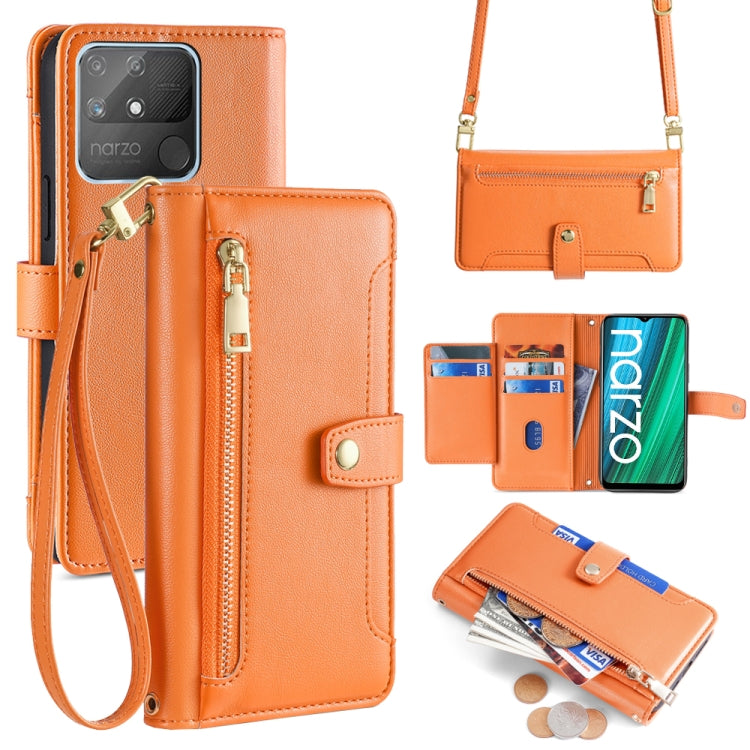 Orange cross-body wallet phone case with zip pocket and wrist strap