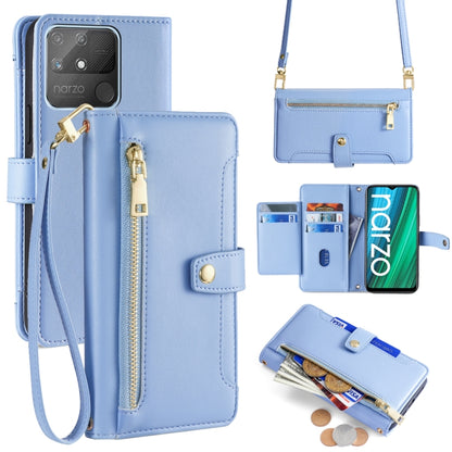 Light blue cross-body wallet phone case with zip pocket and card slots