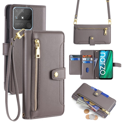 Grey cross-body wallet phone case with zip pocket and card slots