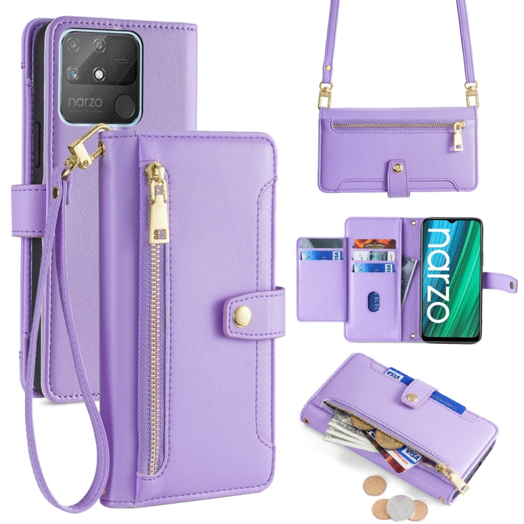 Purple cross-body wallet phone case with zip pocket and card slots